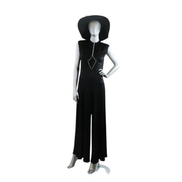 Vintage 1970s Black Jumpsuit with Rhinestone Detailing Large - Picture 1 of 7